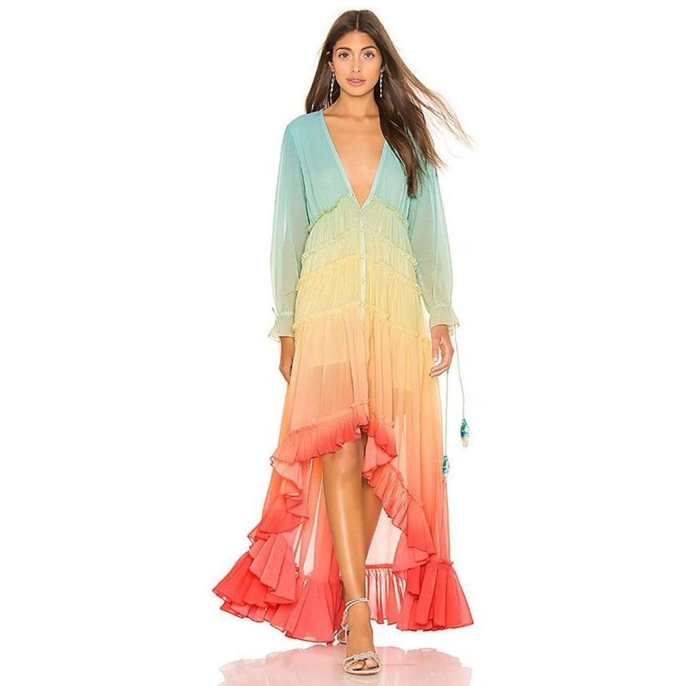 Linjia shop rainbow dress boho ruffle dip-dye size S
